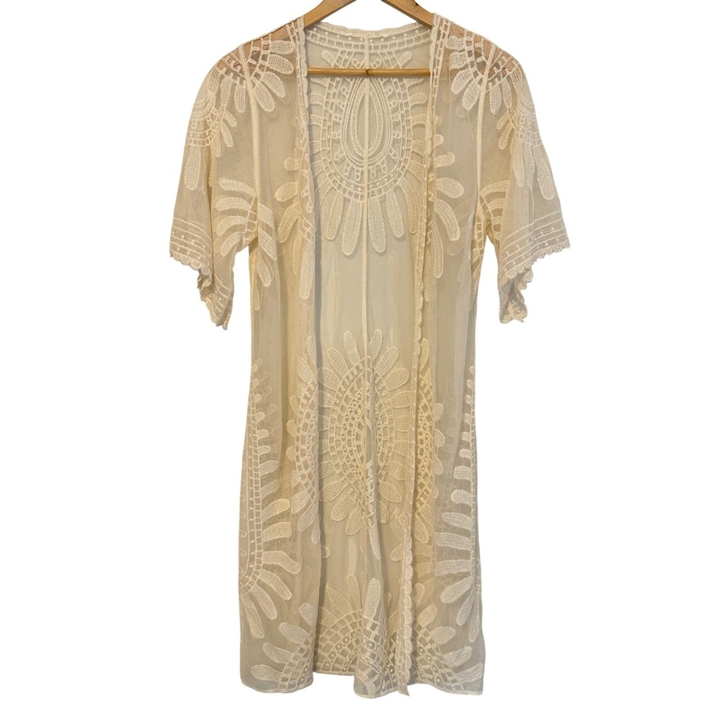 Lace Crochet Open‎ Kimono Cardigan Womens S/M Festival Boho Sheer Embroidered